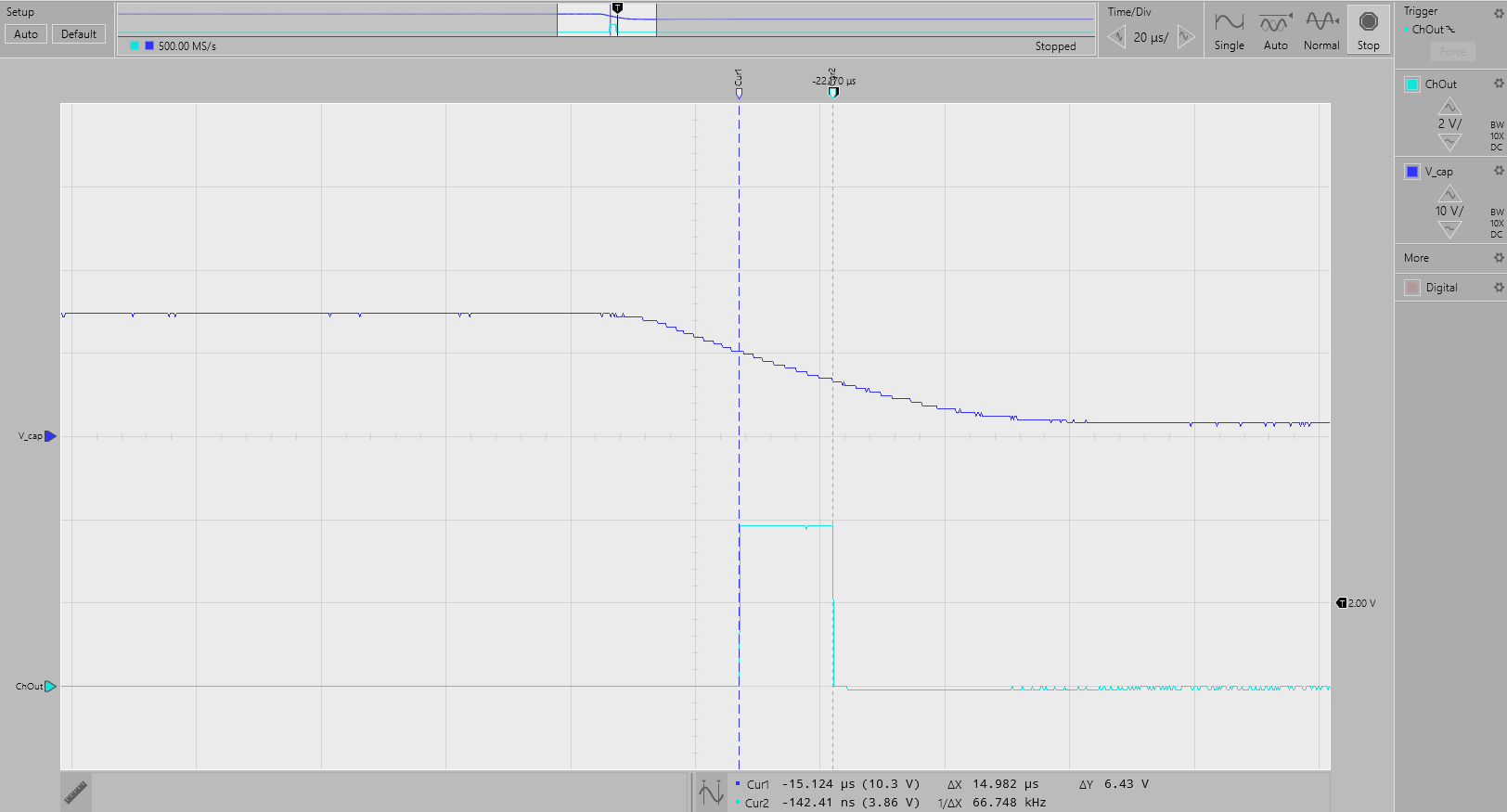 TIDA-01509 單根斷線檢測(cè)，V = 14.9V，Rpullup = 100kΩ - V_cap (2)，ChOut (1)