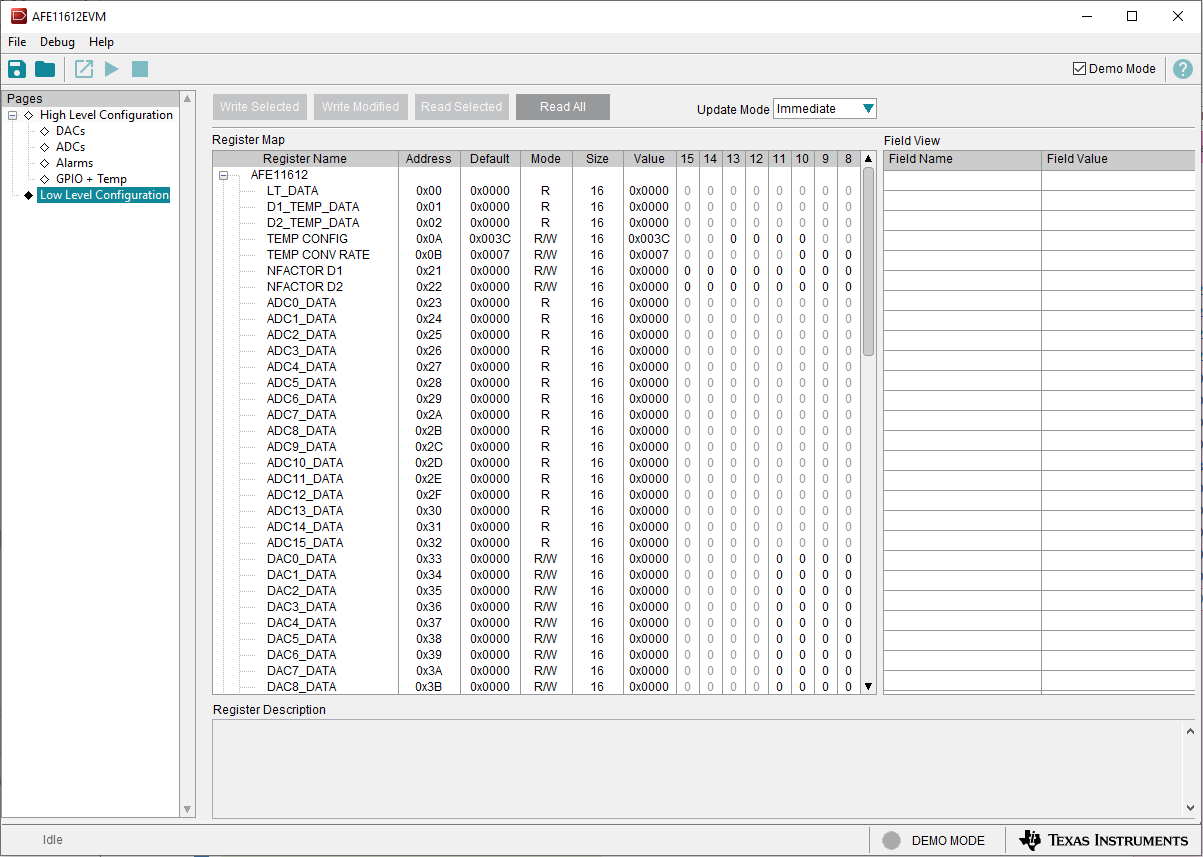 AFE11612EVM “Low Level Configuration”頁面
