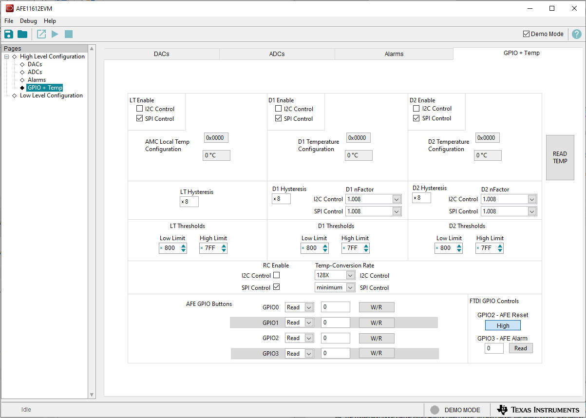 AFE11612EVM “GPIO + Temp”子頁(yè)面