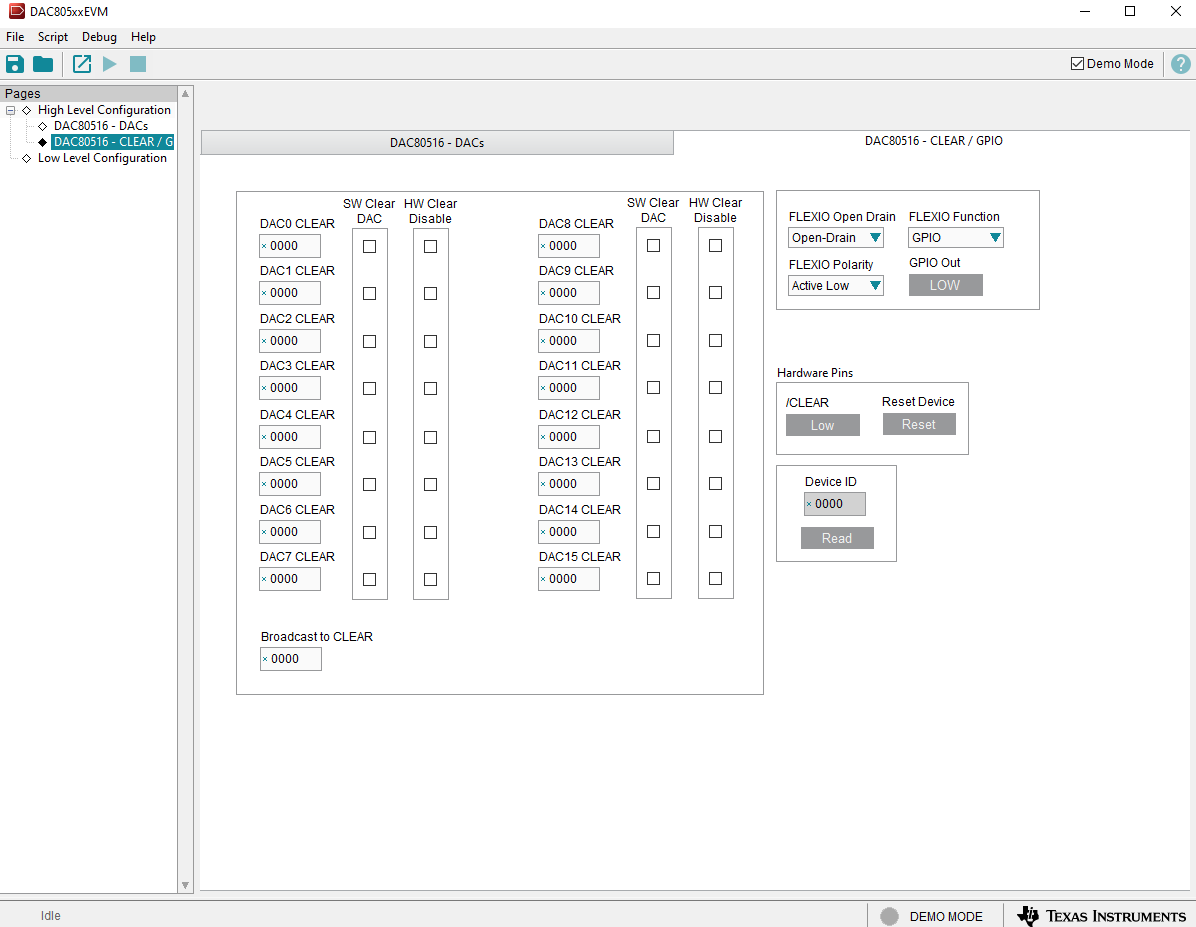DAC80516EVM “High Level Configuration”頁(yè)面的“DAC80516 CLEAR/GPIO”選項(xiàng)卡