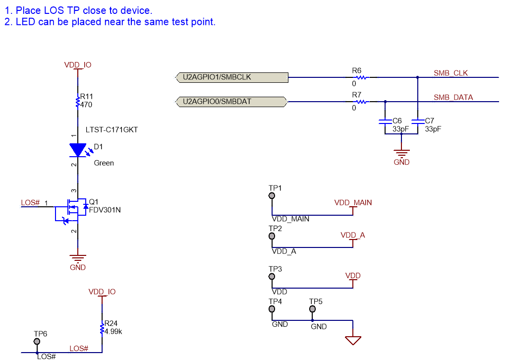 LMKDB1104EVM 狀態(tài) LED、測(cè)試點(diǎn)以及 SMBus 時(shí)鐘和數(shù)據(jù)連接