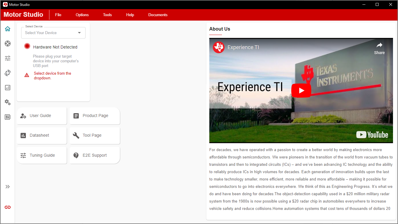 MCF8315PWPEVM Motor Studio GUI 主頁(yè)