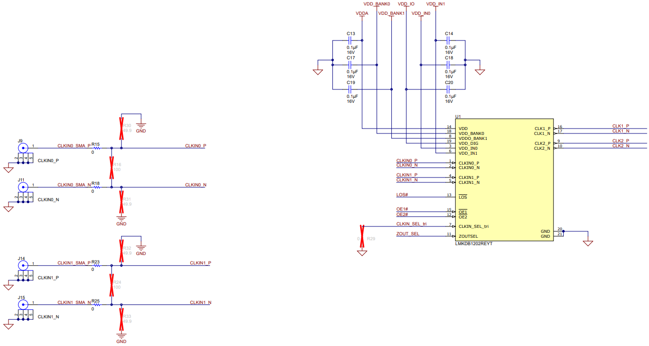 LMKDB1102EVM, LMKDB1202EVM LMKDB1202 器件和 CLKIN#_P/N 參考