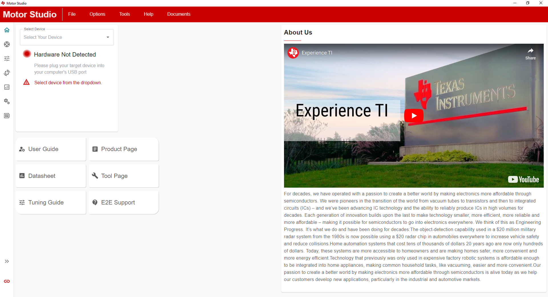 MCF8316DEVM Motor Studio GUI 主頁(yè)