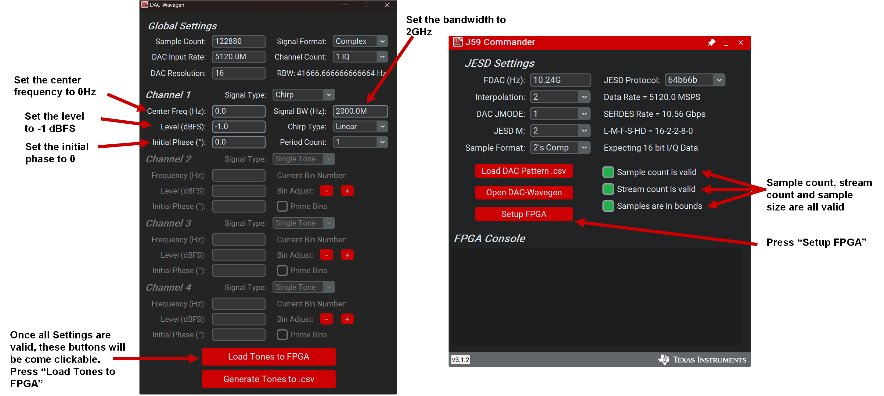 DAC39RF12EVM DAC Wavegen GUI 和 J59 命令設(shè)置詳細信息，步驟 3