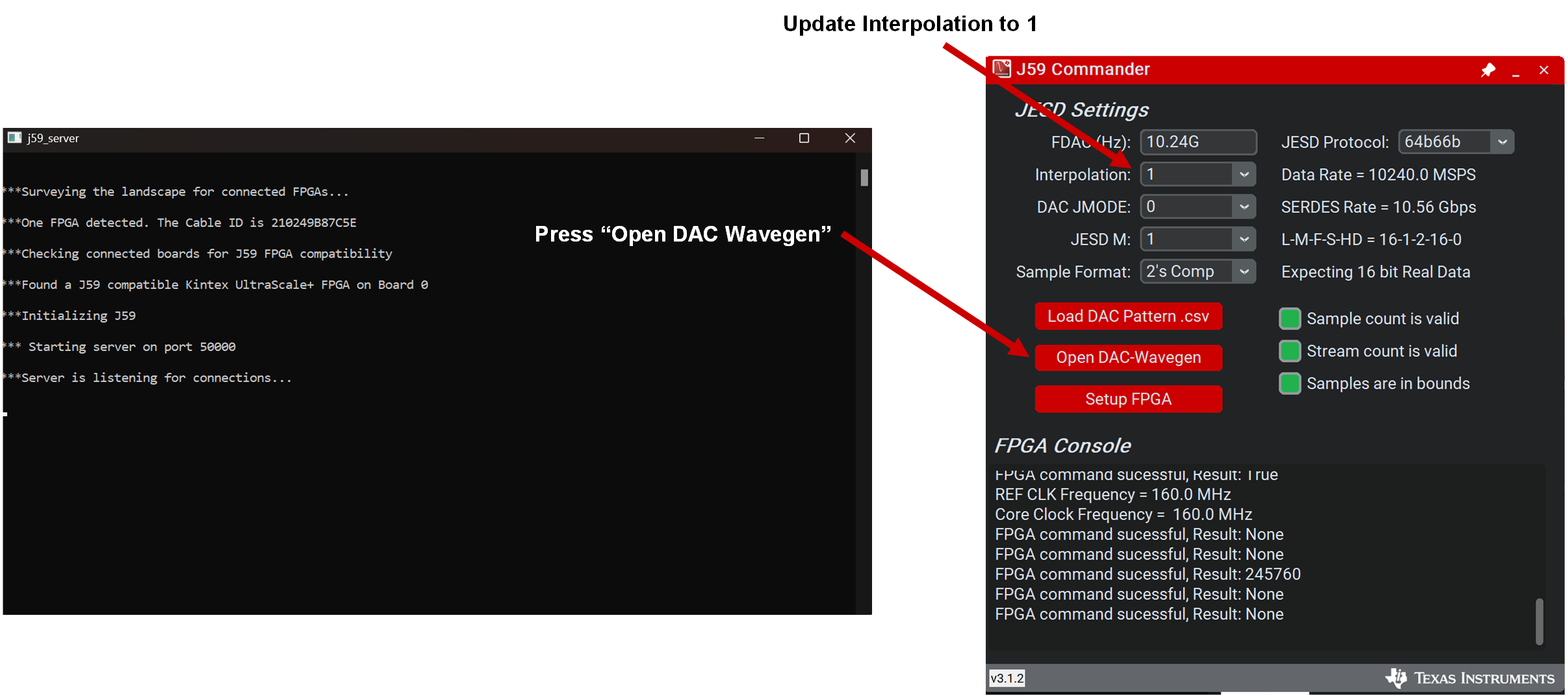 DAC39RF12EVM J59 Server.exe 和 J59 命令設(shè)置，步驟 2
