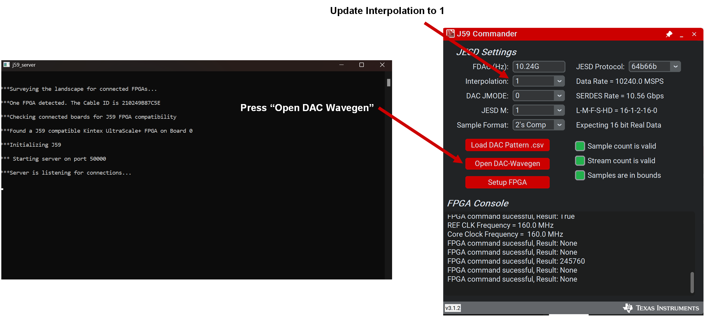 DAC39RF12EVM J59 Server.exe 和 J59 Commander，步驟 2