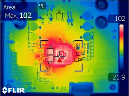 LM251772 熱像圖：VIN = 20.0V，VOUT = 48.0V，IOUT = 5.0A，無強(qiáng)制空氣冷卻