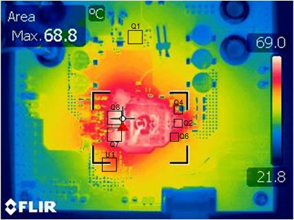 LM251772 熱像圖：VIN = 12.0V，VOUT = 28.0V，IOUT = 5.0A，無強(qiáng)制空氣冷卻