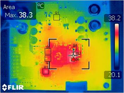 LM251772 熱像圖：VIN = 20.0V，VOUT = 5.0V，IOUT = 5.0A，無強(qiáng)制空氣冷卻