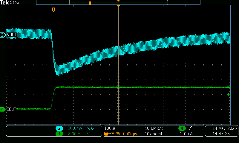 TPS7H4013EVM 對 100mA 至 3A 負(fù)載階躍的瞬態(tài)響應(yīng)（以 8A/μs 的速率）