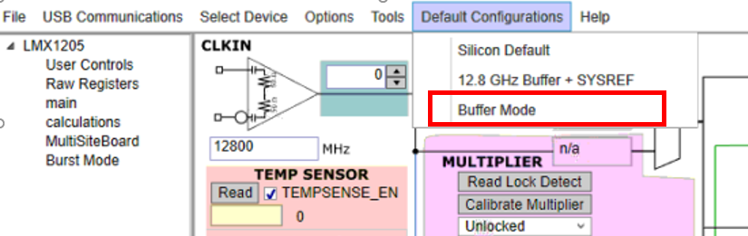 LMX1205MSEVM 設(shè)置緩沖器模式的軟件配置
