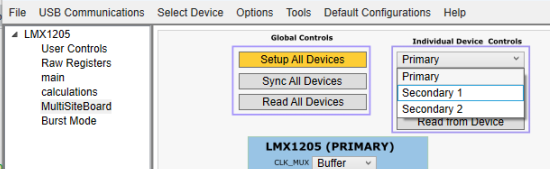 LMX1205MSEVM 器件選擇軟件配置