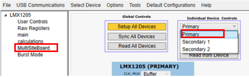 LMX1205MSEVM 器件選擇軟件配置