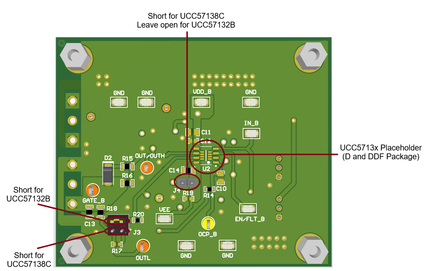 UCC57142EVM 每個 UCC5713x IC 型號的跳線 J3 和 J4
                    選擇