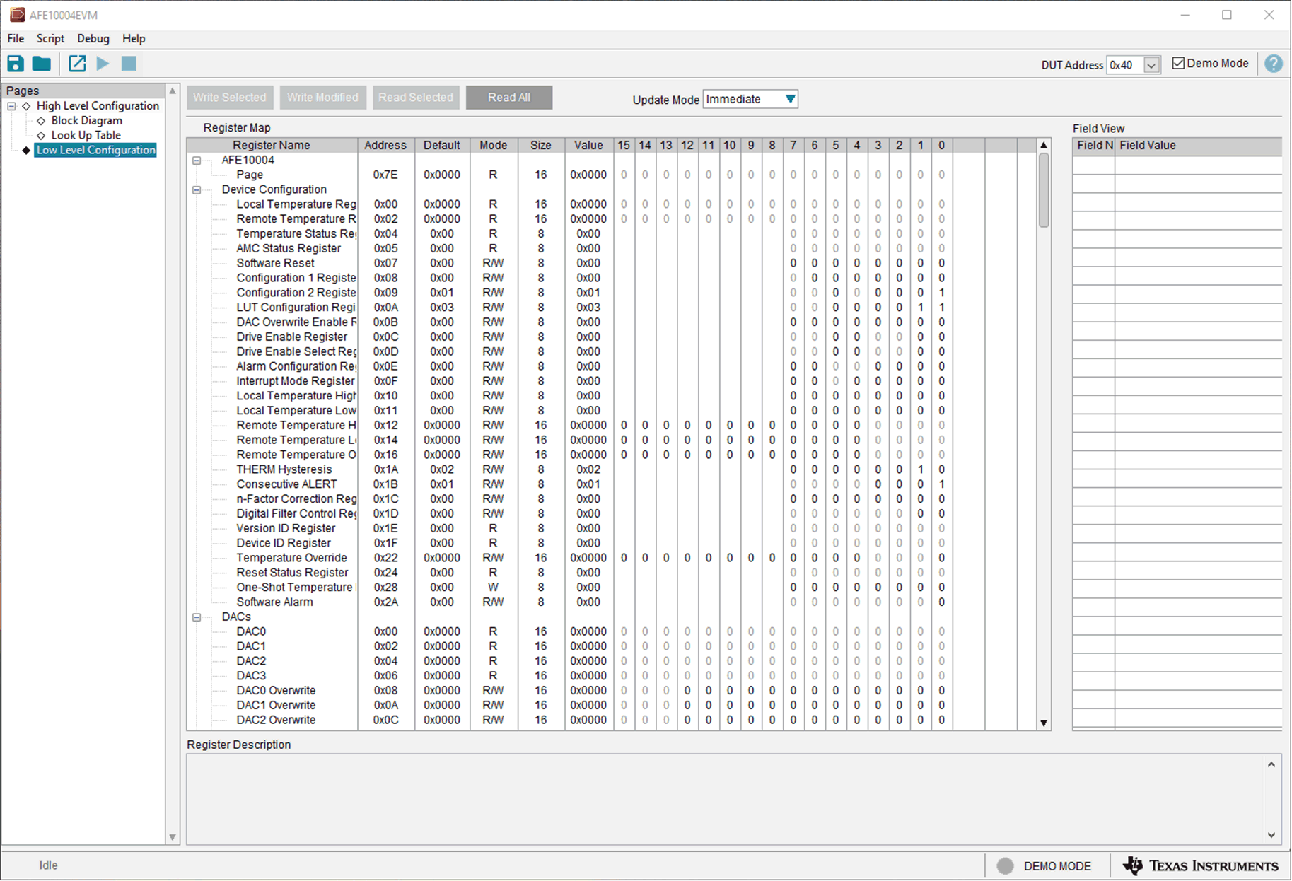 AFE10004EVM 啟動時的 AFE10004EVM GUI