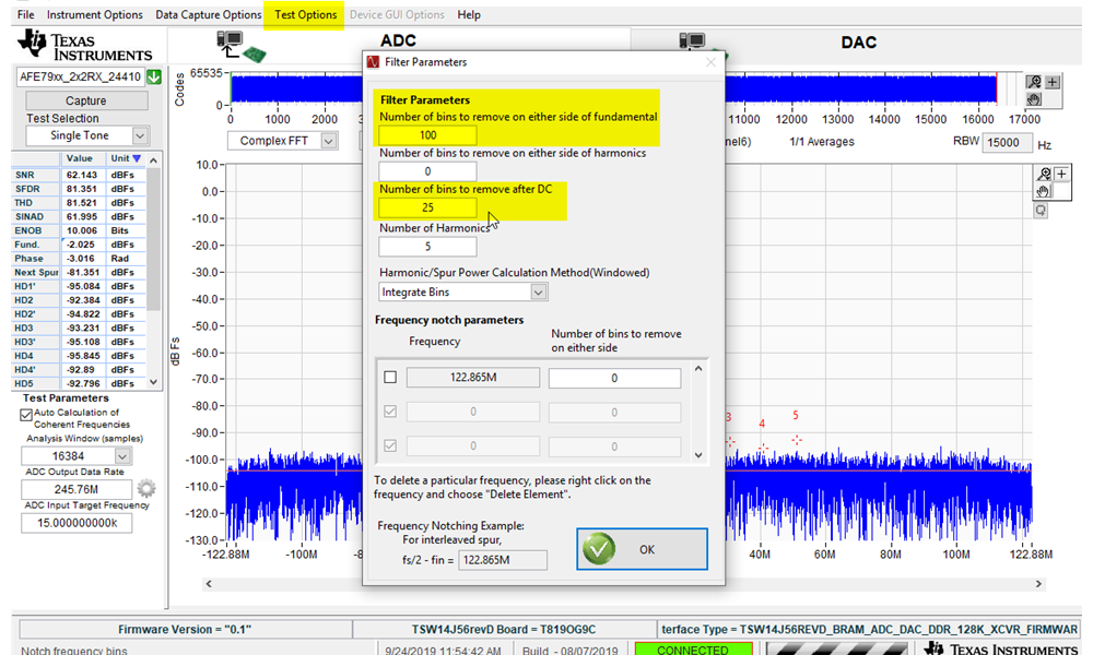TRF-LSC-AFE7950EVM HSDC PRO ADC 性能 FFT 頻段配置