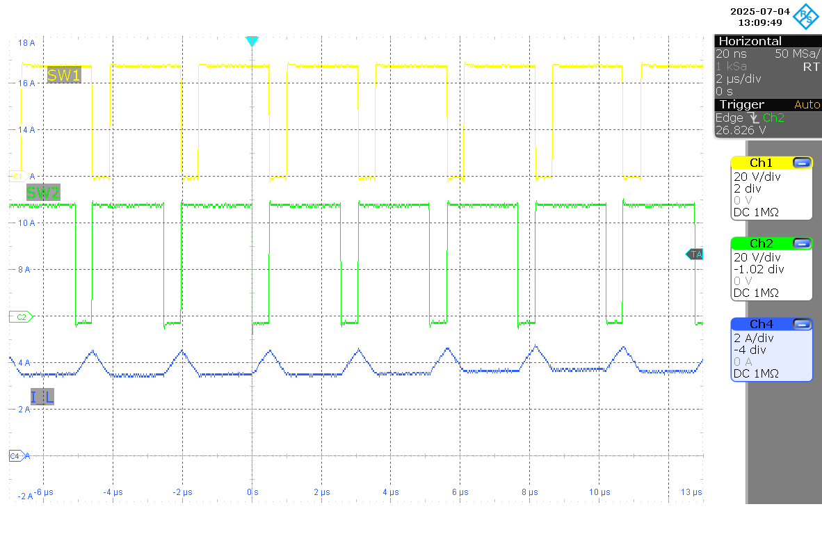 LM51770 SW1、SW2、IL（VIN = 48V，IOUT = 3.0A，F(xiàn)PWM 模式）