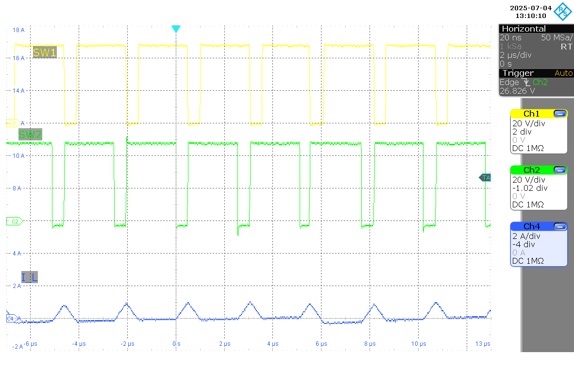 LM51770 SW1、SW2、IL（VIN = 48V，IOUT = 0A，F(xiàn)PWM 模式）
