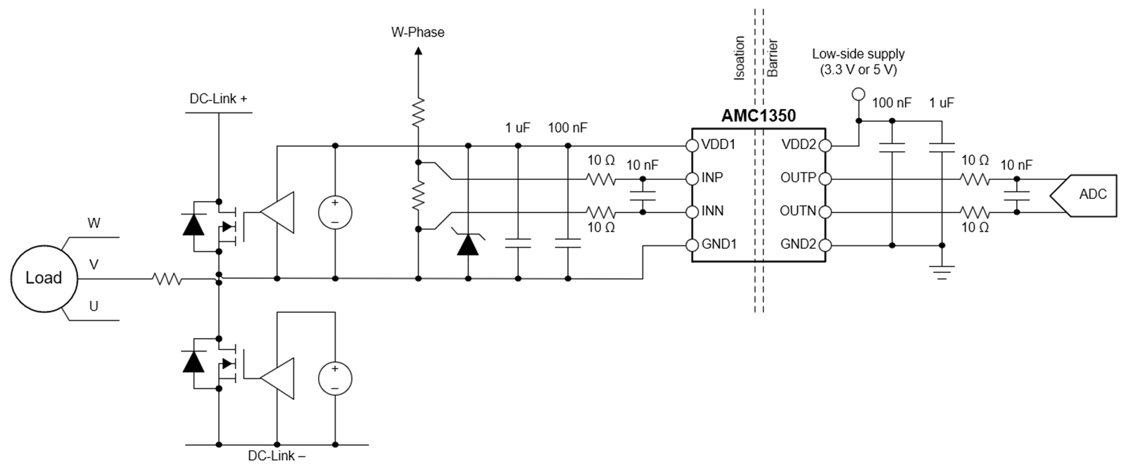  帶有浮動(dòng)電源的 AMC1350 隔離式放大器。
